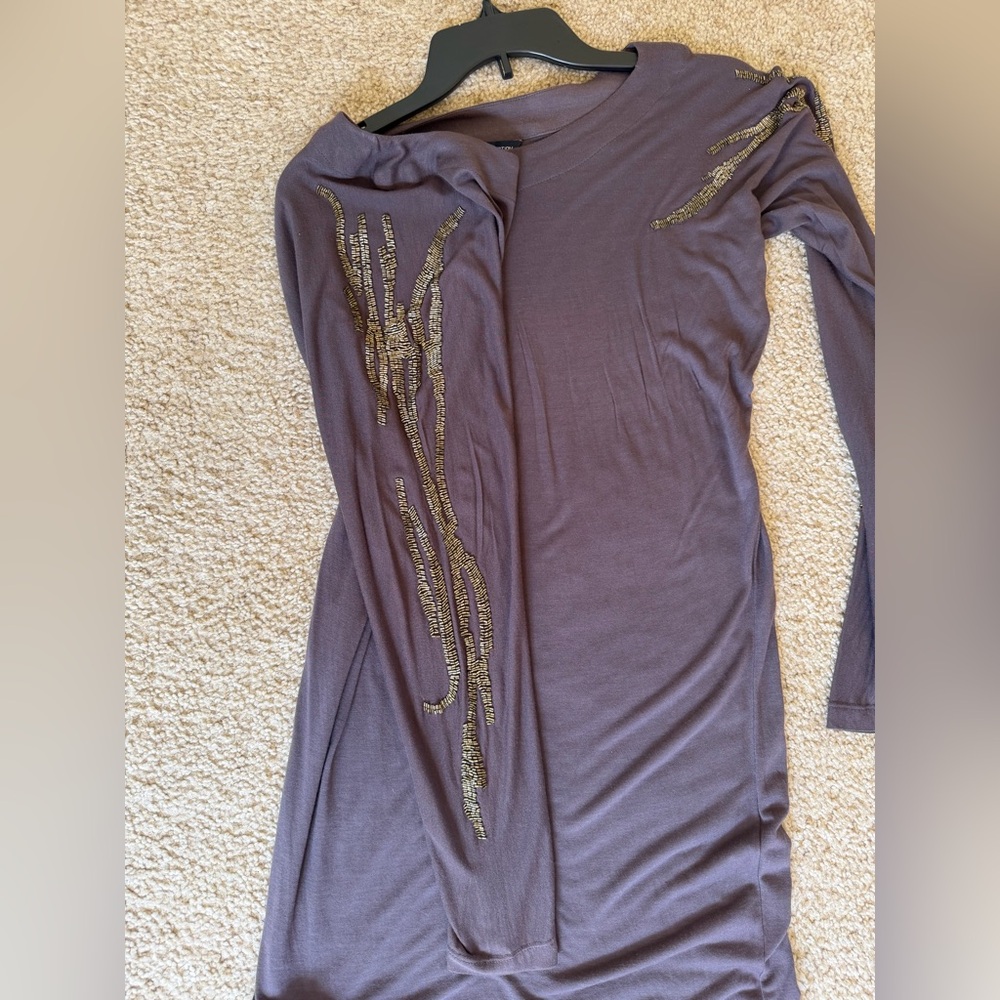 French Connection Long Sleeve Dress in Purple with Gold Accents